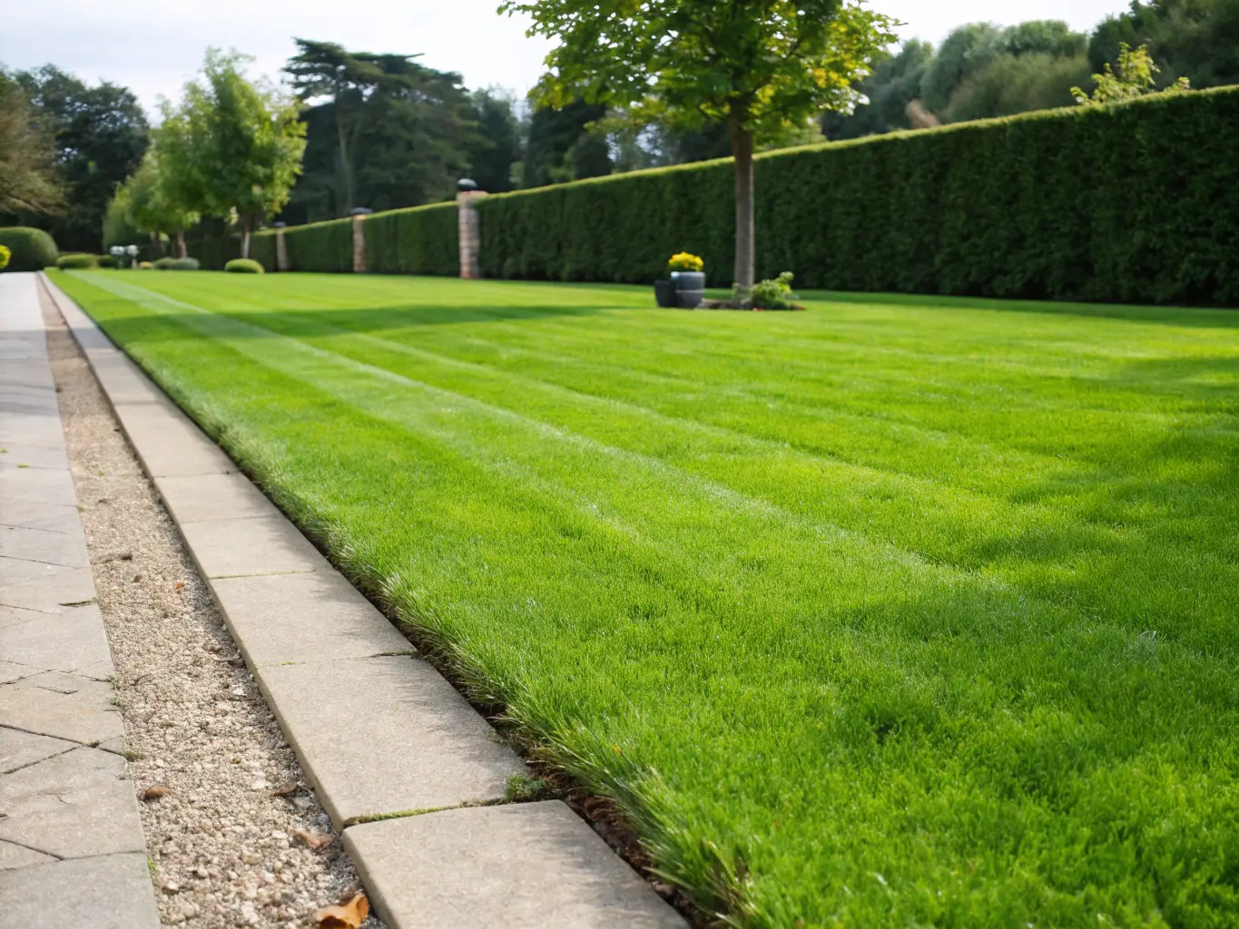 A perfectly striped lawn after a fresh mow, showcasing the precision and care taken by Blissful Cleaning's lawn mowing service.